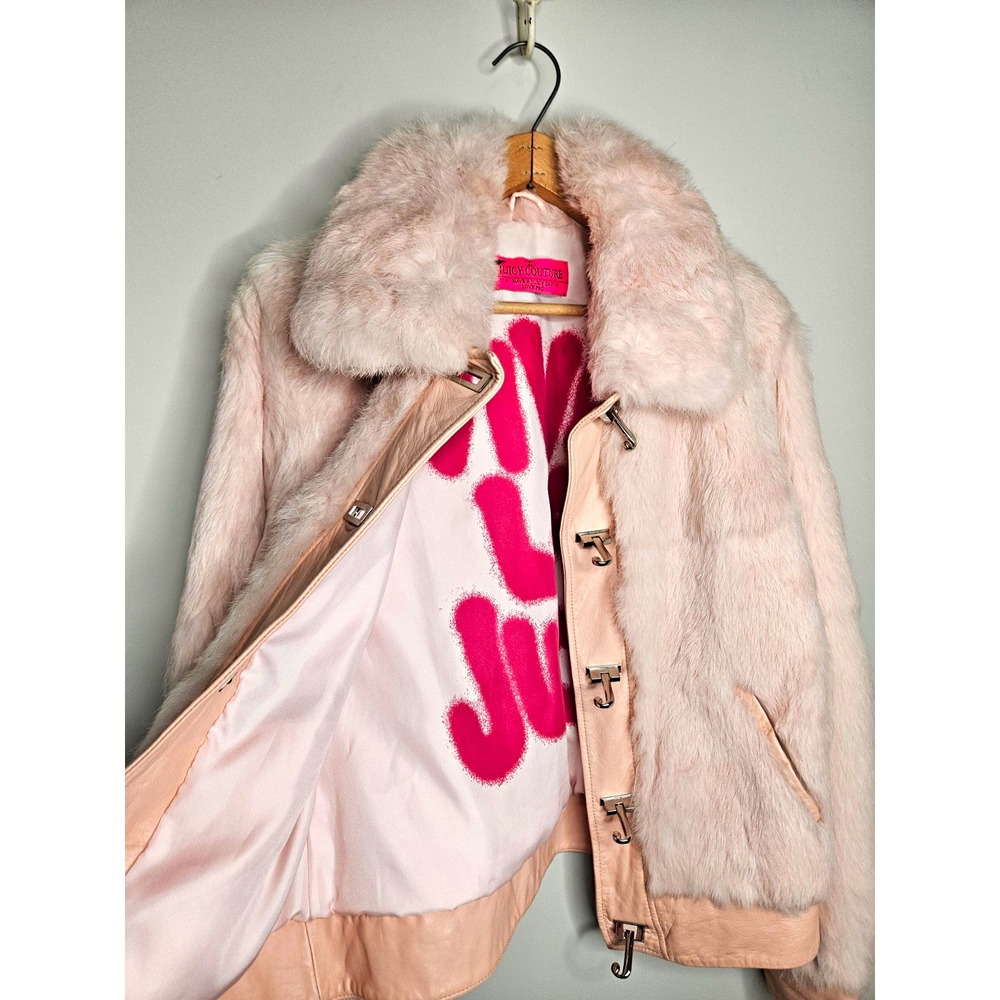 Vintage Y2K Juicy Couture Jacket XL Pink Rabbit Fur Leather Viva La Juicy Coat